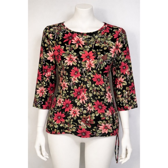 Alfred Dunner Tops - Alfred Dunner Black Floral Scoop Neck Top with Red-Pink Blossoms. Didn’t fit!